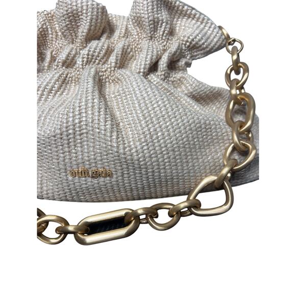 Cult Gaia Bara Shoulder Bag Cream Raffia Ruched Gold Chain Purse - Picture 10 of 16